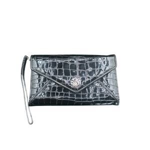 Brighton Shiny Black Croc Embossed Leather Wristlet Wallet Clutch